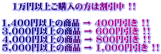    1���~�ȏゲ�w���̕��͊����� !!  1,400�~�ȏ�̏��i �� 400�~���� !! 3,000�~�ȏ�̏��i �� 600�~���� !! 4,000�~�ȏ�̏��i �� 800�~���� !! 5,000�~�ȏ�̏��i �� 1,000�~���� !!